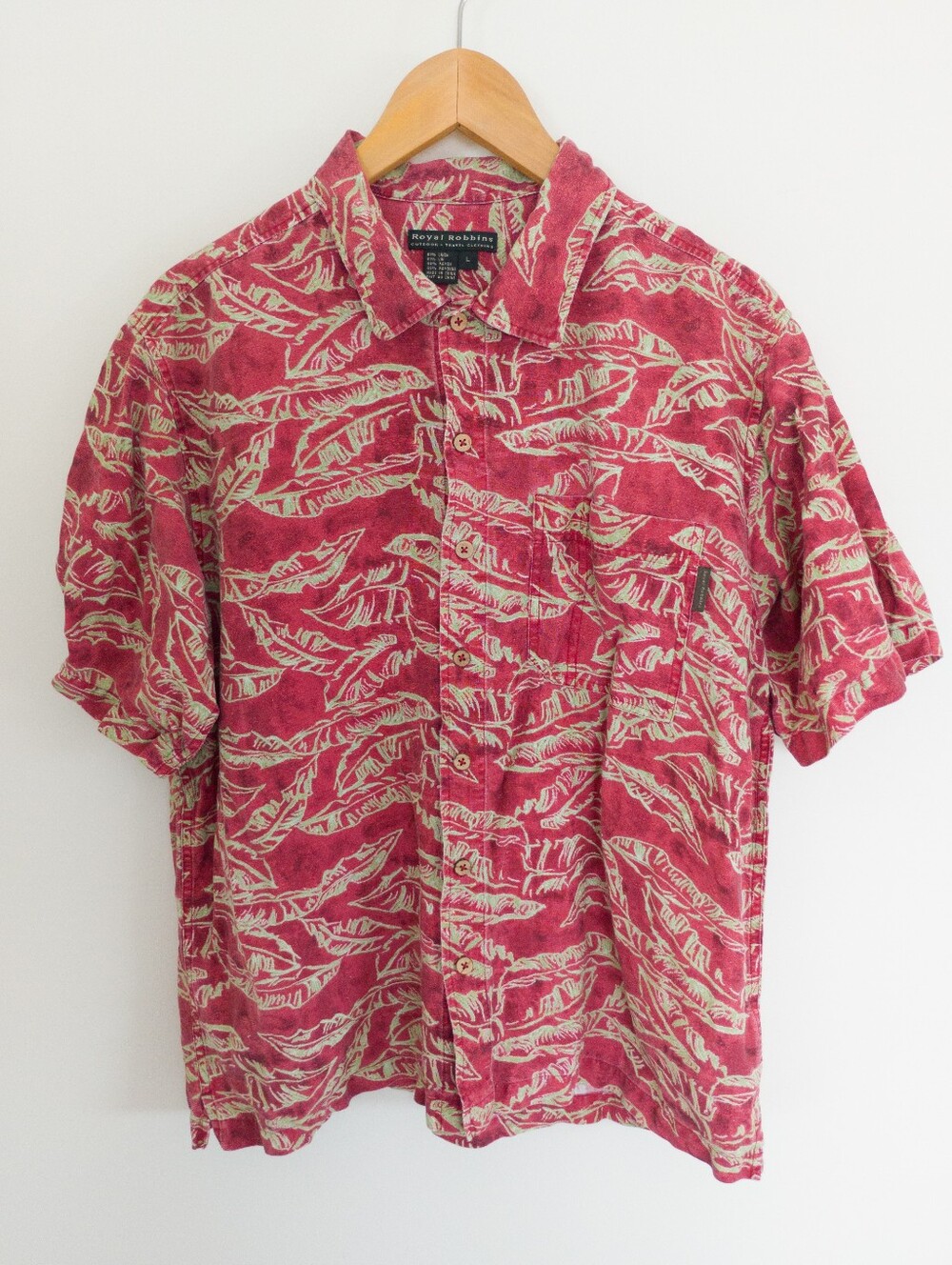 Royal Robbins Men's Large Leaf Print Linen Blend Short Sleeve Button Down Shirt